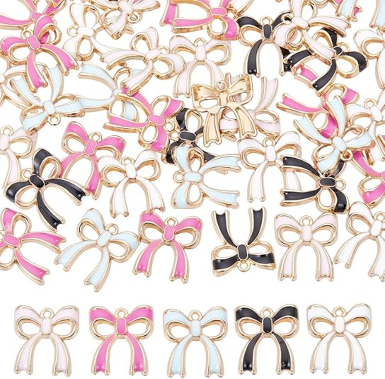 1 Box 5 Colors 50Pcs Ribbon Bow Charm, Bowtie Pendants for Jewelry Making